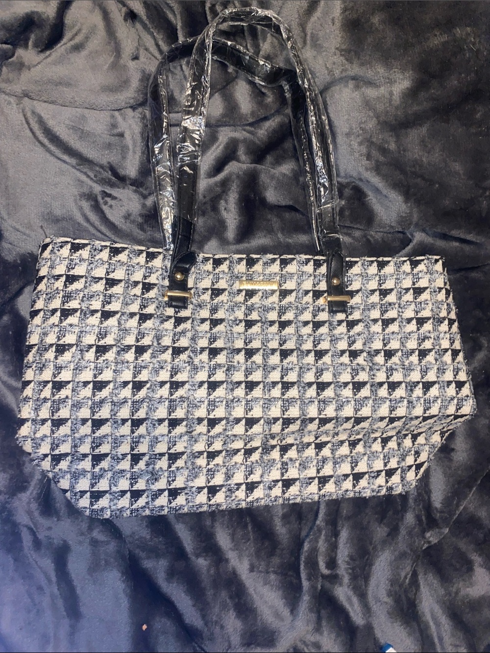Elim & Paul Black and White Houndstooth Tote with Black Handles